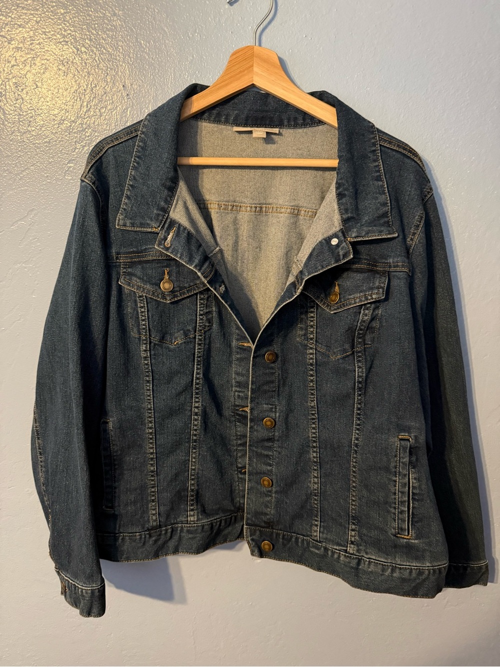 Woman Within Dark Blue Denim Jacket with Tan Stitching